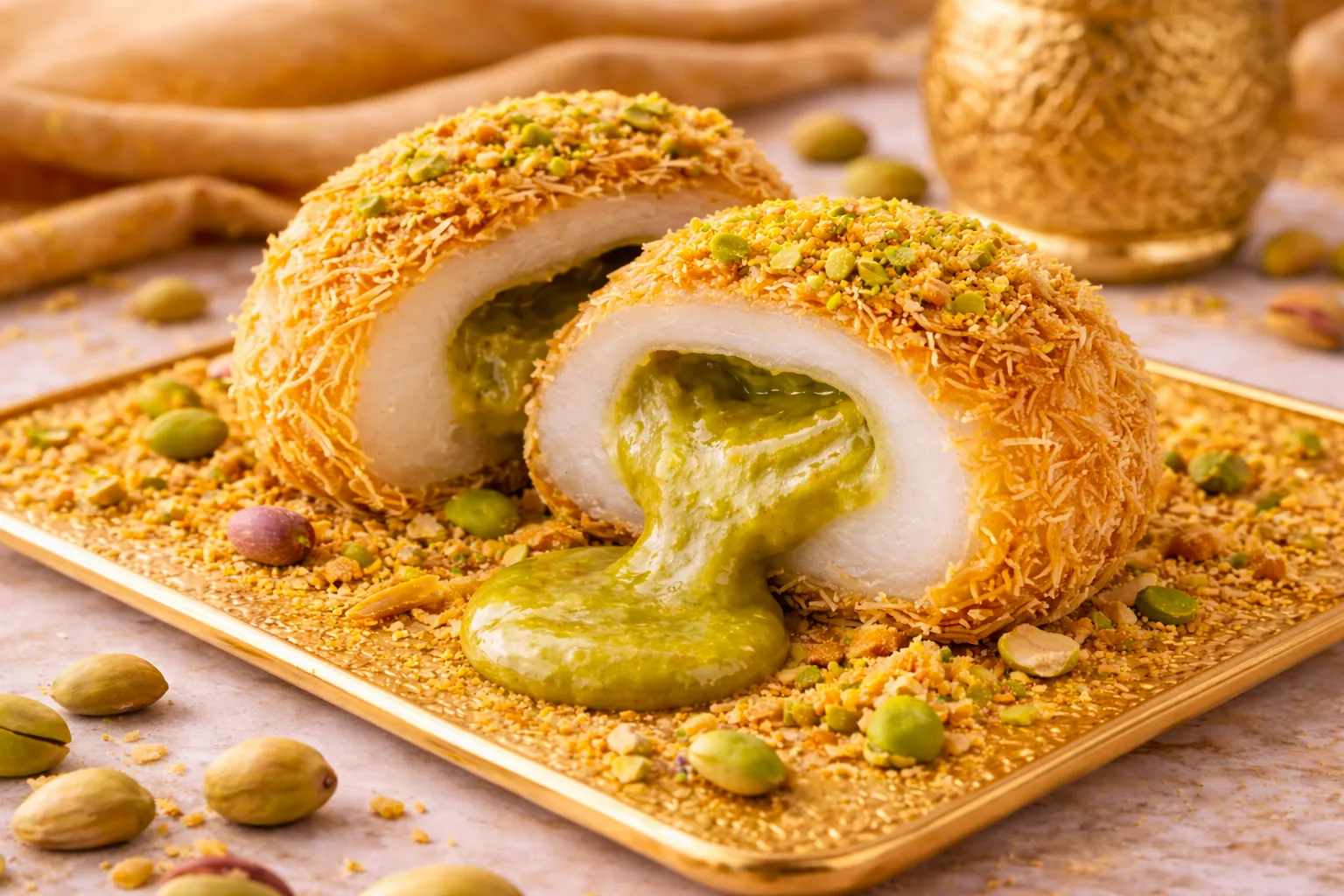 crispy kataifi mochi with pistachio filling dubai chocolate style dessert for industrial production