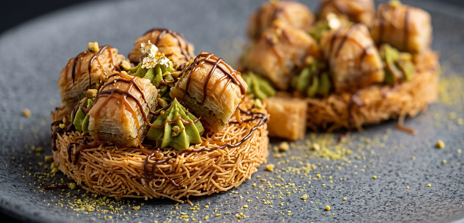 Crispy baklava bites and pistachio cream in a crispy kadayıf nest, finished with chocolate and caramel